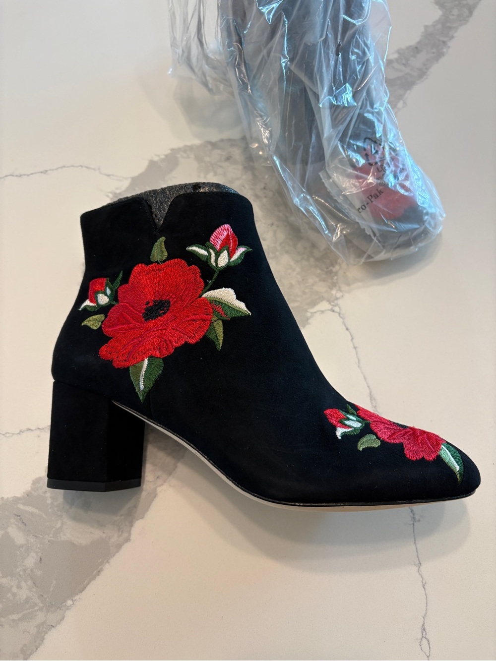 kate spade Black Suede Ankle Boots with Red Floral Embroidery